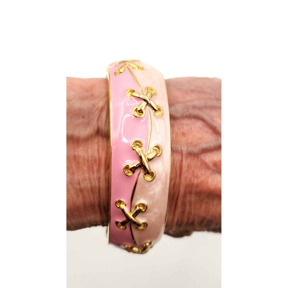 Vintage Pink Enamel Clamper Bracelet Laced Crisscross Gold Tone